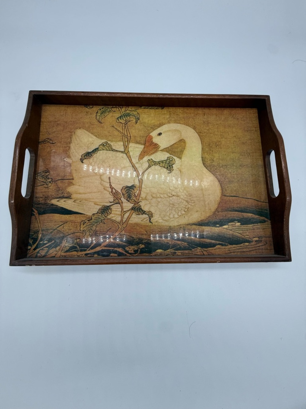 Vintage  farmhouse Decorative Swan Wood Serving Tray in Brown n cream 17 x 12